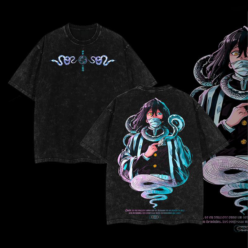 Vintage Washed Demon Slayer Obanai Snake Graphic Oversized Tee